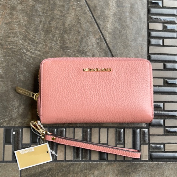 Michael Kors Large Flat MF Phone Case Leather Wallet in Sunset Rose